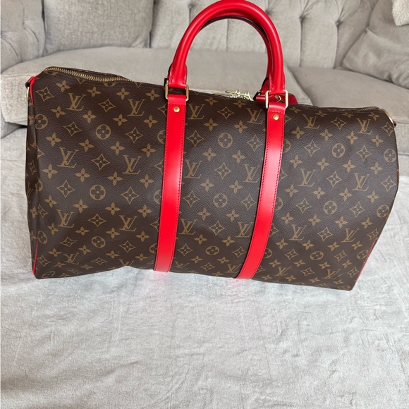 Louis Vuitton Carry On Bag Red Monogram Canvas Keepall Bandouliere 50 Red - Picture 3 of 15